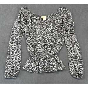 Silk Leopard Peplum Blouse Michael Kors Women XS Gray Black Off Shoulder Capsule